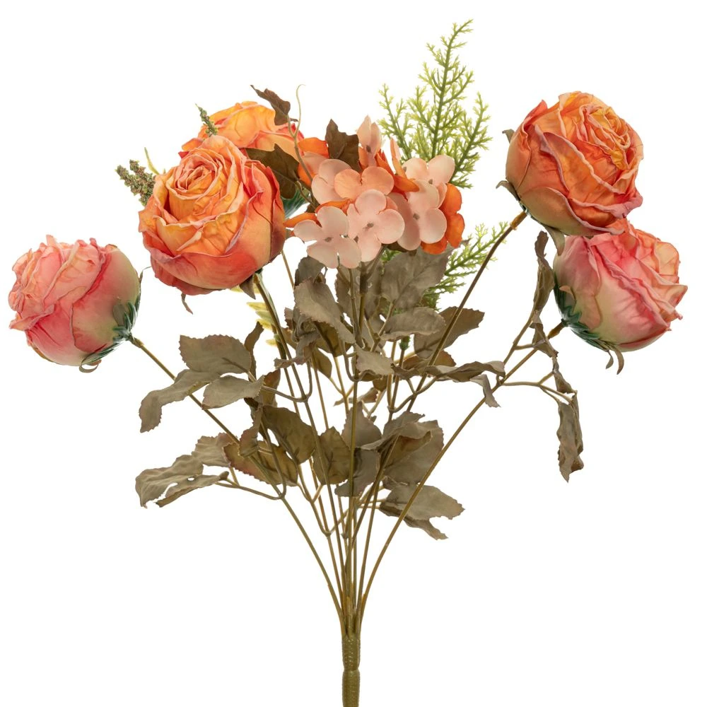 Artificial orange rose bush 7 head 42cm